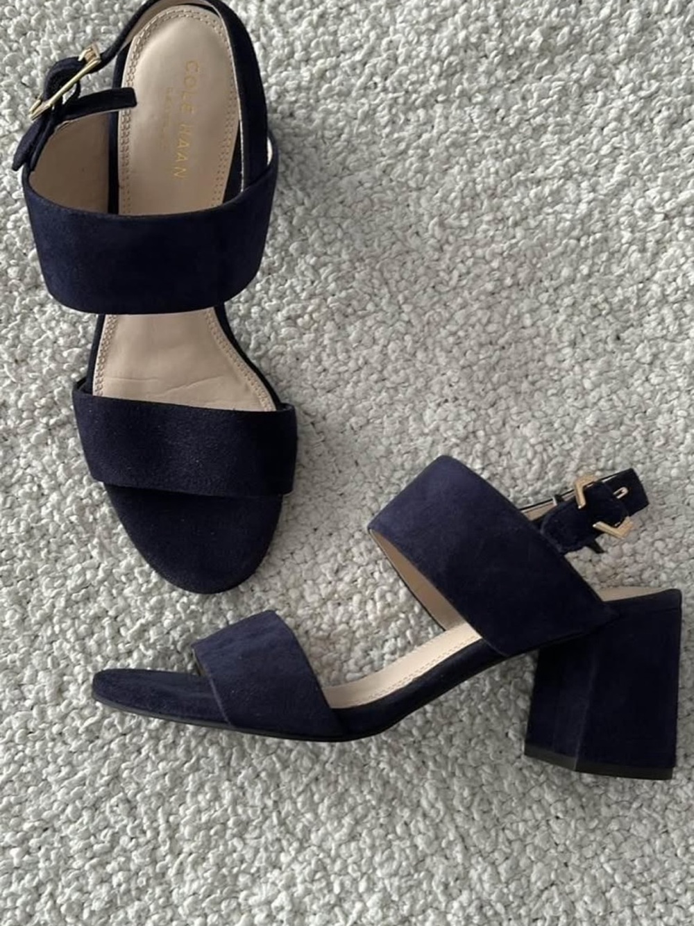 Cole Haan Navy Suede Block Heel Sandals with Ankle Strap